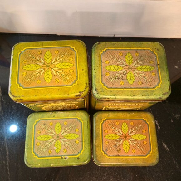 Retro Kitchen Tin Canister Set Coffee, Tea, Sugar & Flour Tins Vintage 1970s Sty - Picture 8 of 16